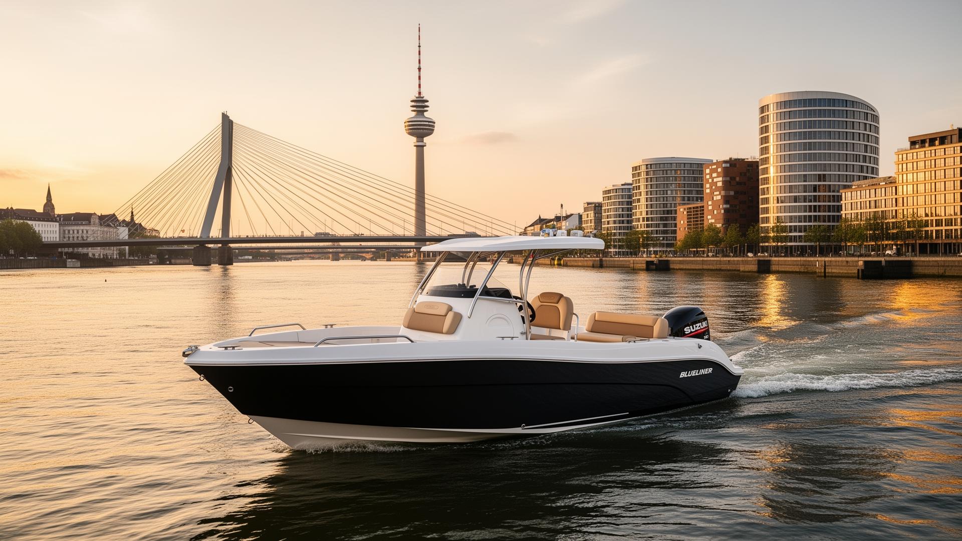 Motorboot mieten am Rhein in Düsseldorf – Sunset Cruise vor der Skyline